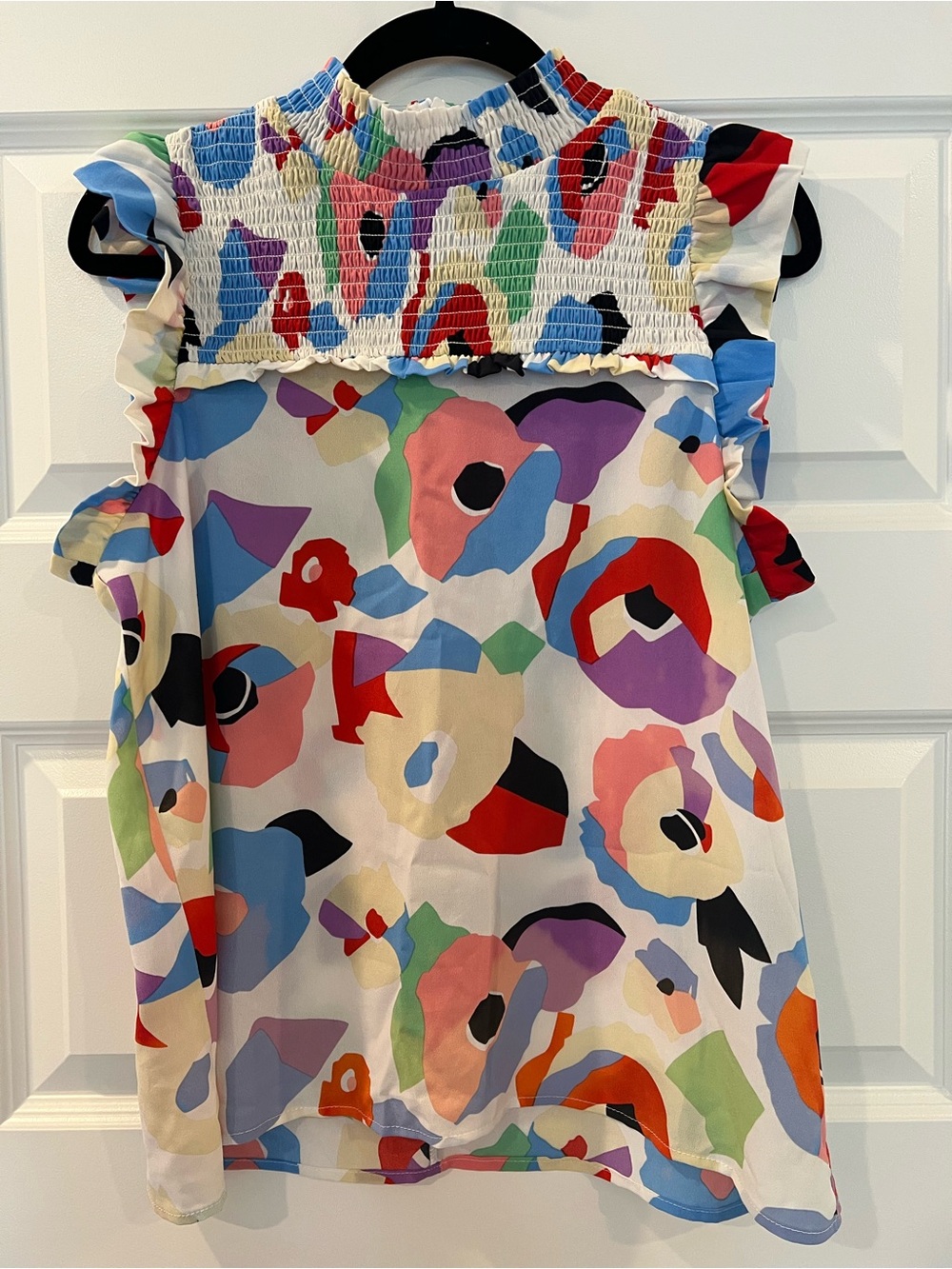THML Abstract Floral Smocked Yoke Ruffle Sleeve Blouse Top Medium Colorful Boho - Picture 2 of 11